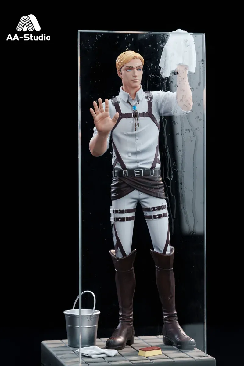 "Premium AA Studio Levi & Erwin Attack on Titan resin statue, showcasing detailed angles of the humorous 'Wiping Glass' scene with realistic props."