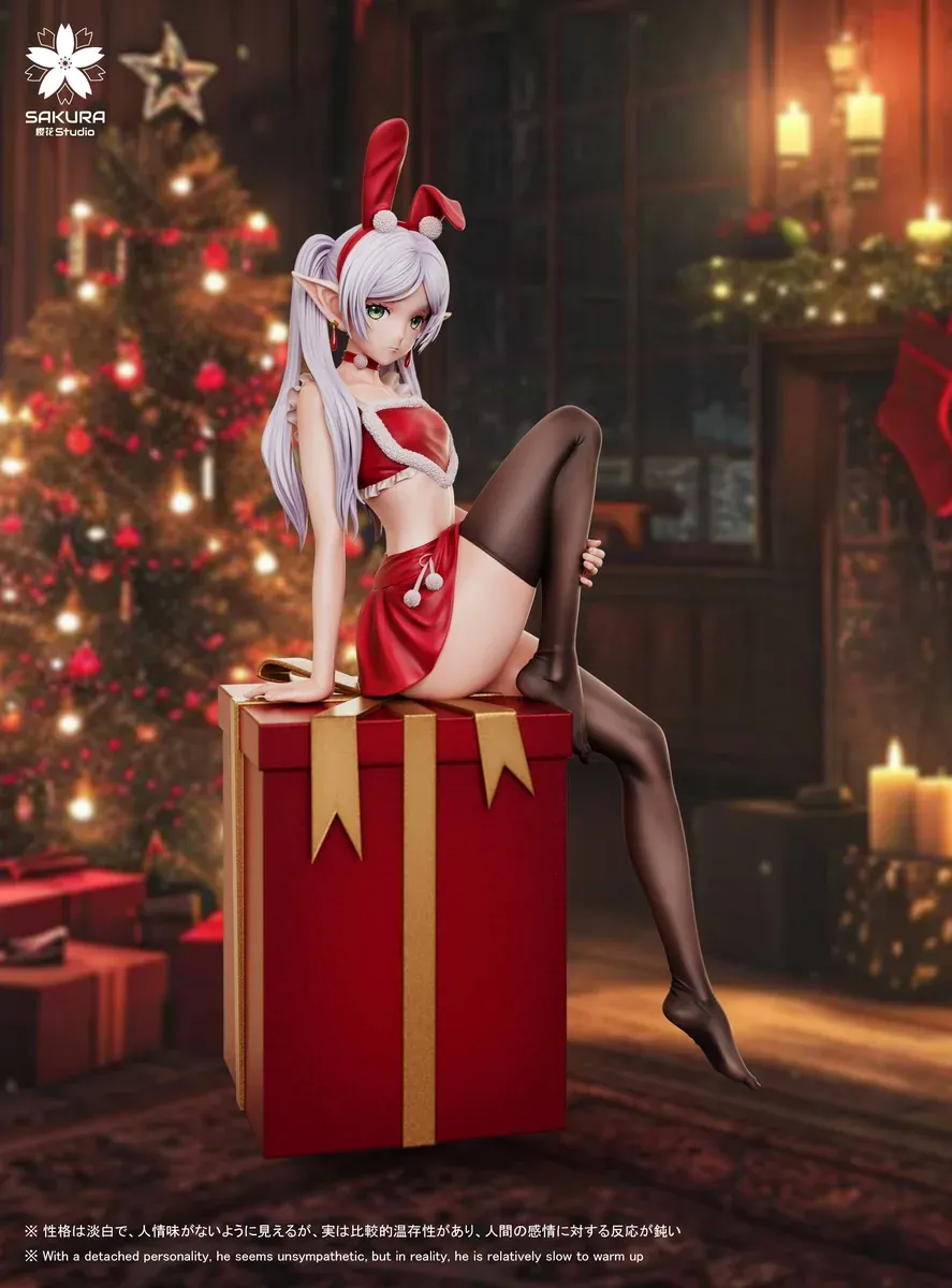 "Premium 1/6 Christmas Frieren resin statue. Multiple angles reveal Frieren in a festive Santa outfit, highlighting intricate sculptural details."