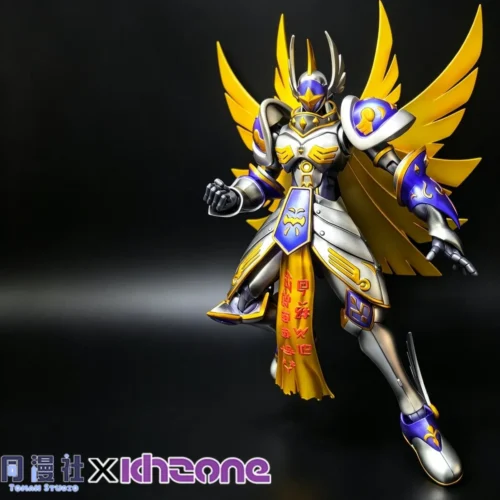 "Dynamic Seraphimon Metallic Color Version movable resin statue by KHZONE Studio, showcasing gleaming armor and intricate poseable wings for a divine."