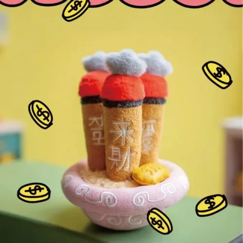 "Senzii x RICH PARK Rich Stick Art Toy Figure. Multiple angles highlight the whimsical plush character, oversized incense, and symbolic fortune detail."