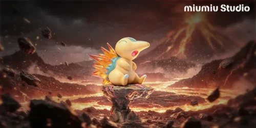 "A charming, cute Cyndaquil Pokémon statue from Miumiu Studio's 'Cozy Time' series, relaxing peacefully in a stylized natural setting."