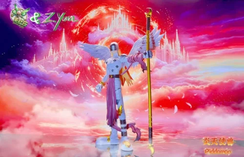 "Highly detailed, limited edition Angewomon Digimon Adventure statue. Dynamic angelic warrior, intricate armor, flowing wings."