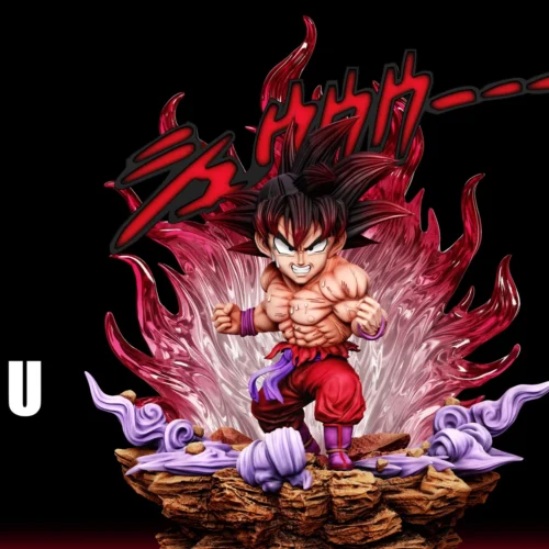 "Multiple views of the Dragon Ball Son Goku Kaioken x3 statue highlight its iconic dynamic battle pose, intense energy, and sculptural details."