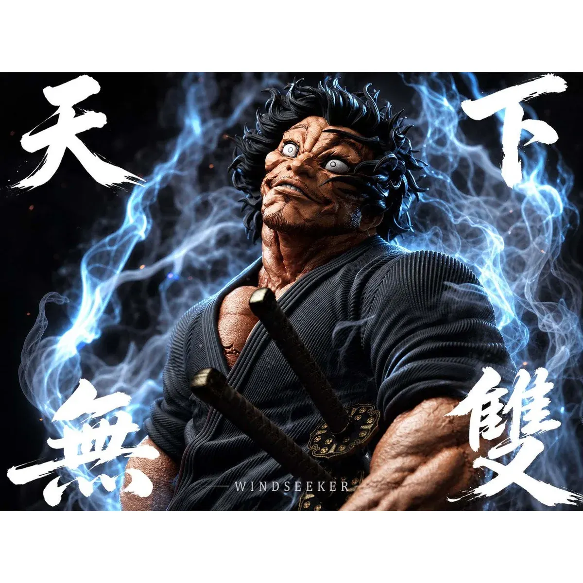 "Multiple views of the premium 1/6 & 1/4 Miyamoto Musashi Baki statue by Windseeker Studio, showcasing dynamic Niten Ichi-ryƫ poses and intricate."