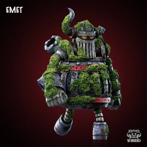 "YZ Studio One Piece Emmet LED statue from multiple angles, highlighting its futuristic robotic design, dynamic pose, and striking light-up eyes."