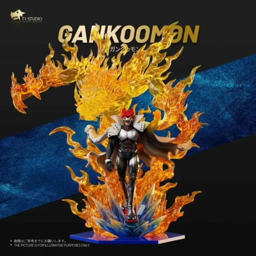 "Dynamic T1 Studio Gankoomon Digimon Royal Knight resin statue in a powerful, battle-ready pose with fiery effects, capturing its fierce presence."