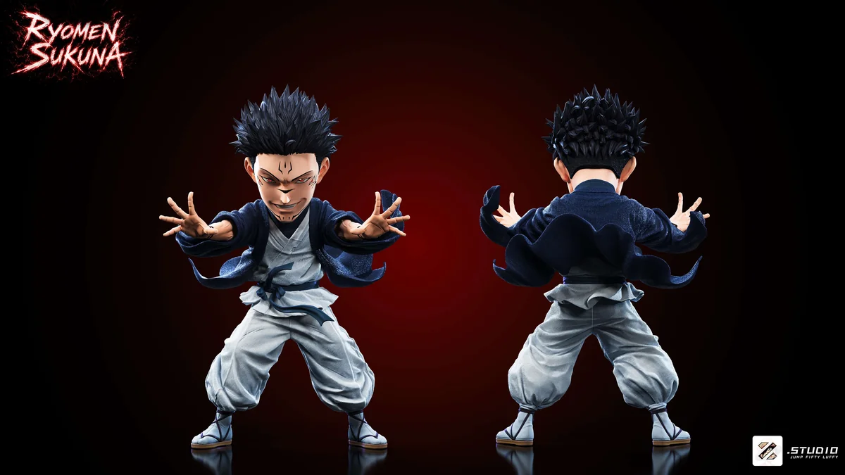 "Limited Edition Satoru Gojo & Ryomen Sukuna Jujutsu Kaisen Battle Statue. Dynamic poses, fierce expressions, intricate details."