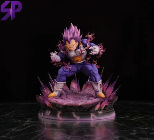 "Exclusive 1/6 Ultra Ego Vegeta Dragon Ball Super figure by SP Studio. Dynamic pose with powerful purple aura, showcasing meticulous detail and battle."