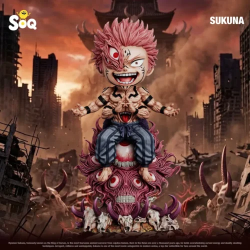 "Jujutsu Kaisen Ryomen Sukuna 2.0 SOQ STUDIO resin statue. This premium, detailed Q-version figure showcases Sukuna in a commanding sitting pose."