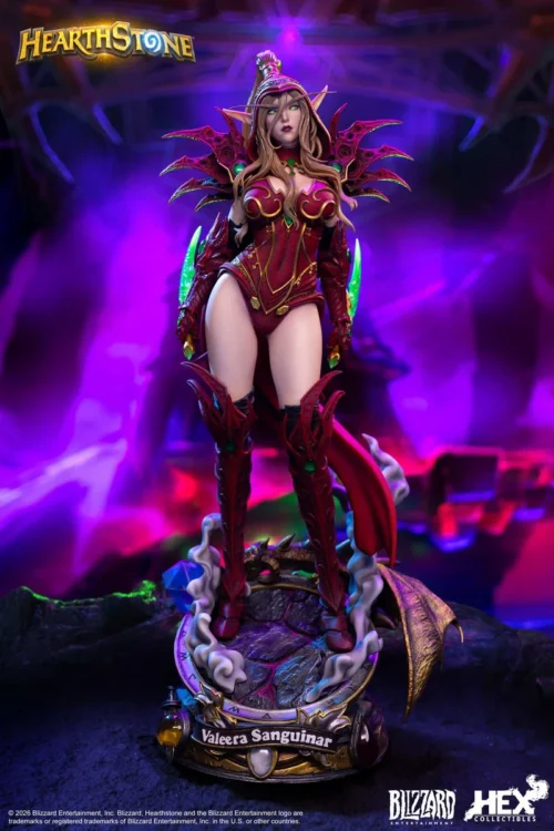 "Official Blizzard 1/6 Valeera Sanguinar statue shows dynamic rogue action, intricate armor, and glowing LED eyes. A premium, limited edition."