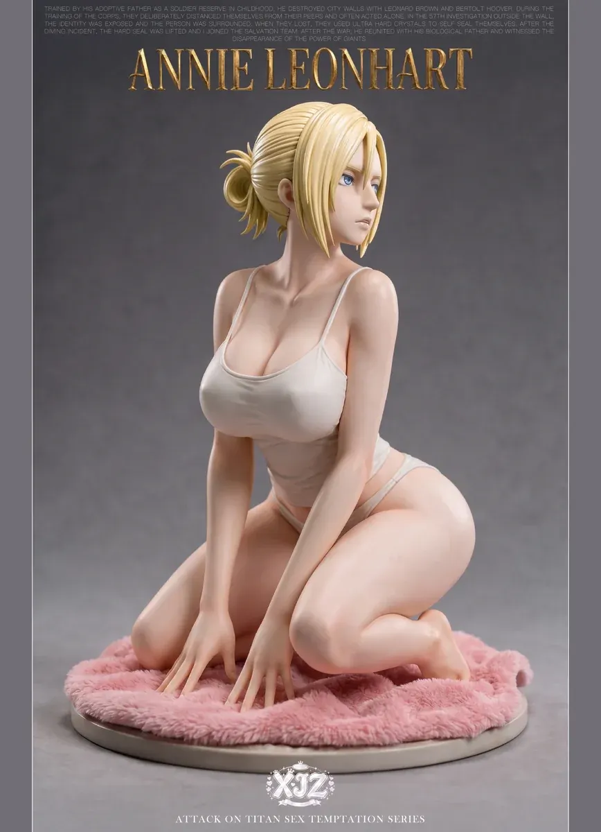 "Exclusive 1/6 Annie Leonhart Home Version Attack on Titan statue. Gallery shows her serene kneeling pose on a plush rug, highlighting premium details."