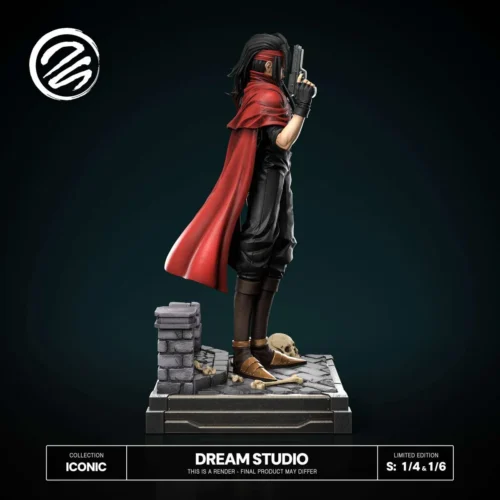 Side view of the limited 50-piece Final Fantasy Vincent statue by Dream Studio, featuring crimson cape, gun, skull base, and 1/4 and 1/6 scales.