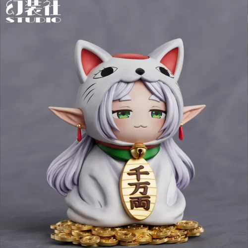 Frieren Turbo Granny figure shows a chibi elf mage in a white lucky cat hood atop gold coins, a playful Frieren x Dandadan resin statue crossover."