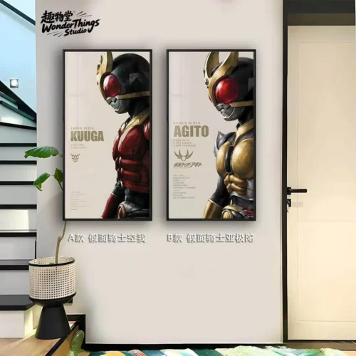 Minimalist Kamen Rider wall art with Kuuga and Agito profiles in muted heroic tones, using Epson 12-color crystal porcelain print.