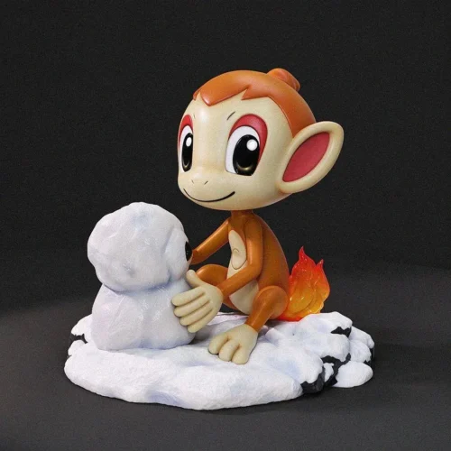 Playful 1/10 scale Chimchar figure by Miumiu Studio, a Pokemon statue hugging a small snowman on a winter base with glowing flame tail."