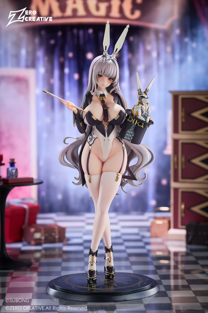 1/6 licensed Elise bunny magician figure by Zero Creative Studio on a checkered magic-show stage with top hat, wand, bunny ears, and bonus swap parts.