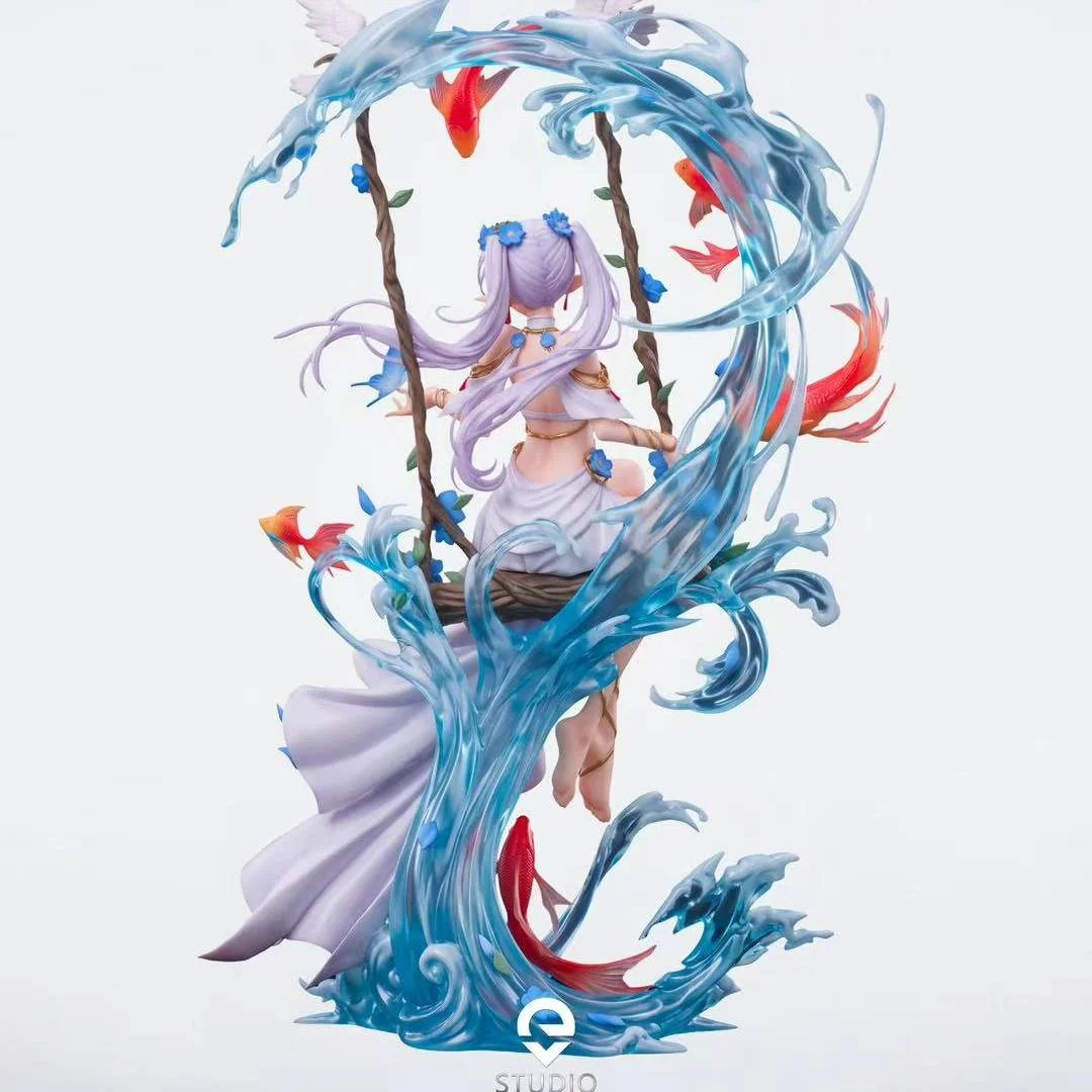 Rear view of limited 108 Frieren 1/6 figure by EVE Studio, seated on a swing amid sculpted waves, koi, and blue blossoms.