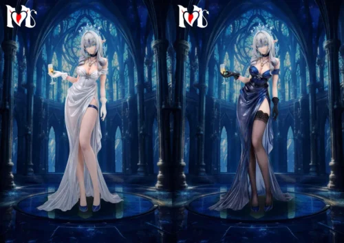 Genshin Impact Tsaritsa 1/6 resin statue by YM Studio in a gothic cathedral hall, a limited 99-piece figure with two gown variants.