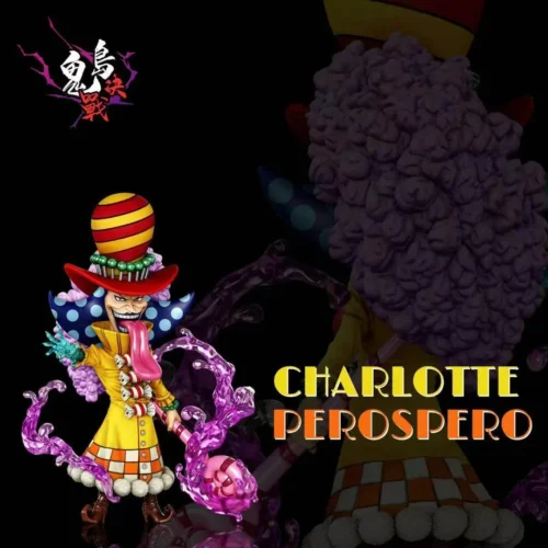 Premium Charlotte Perospero figure from One Piece, yellow candy villain with top hat, long tongue, glossy purple syrup swirls, and lollipop staff.