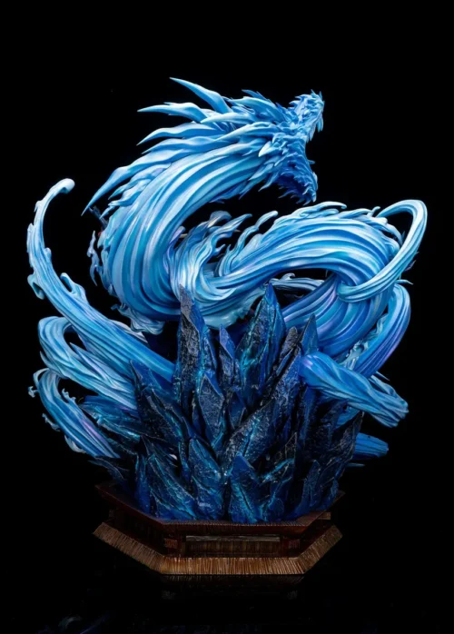 Front view of LED-lit 1/6 Tanjiro and Giyu statue with swirling blue water dragons on a crystal rock base.