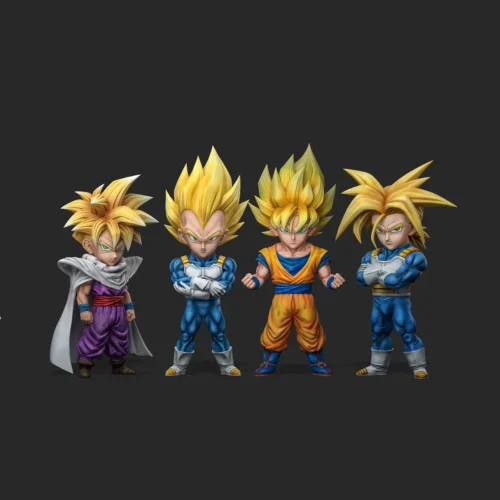 Chibi Super Saiyan Goku figure in orange gi with golden spiked hair, shown with three chibi Saiyans in dynamic manga poses and PU sculpt details.