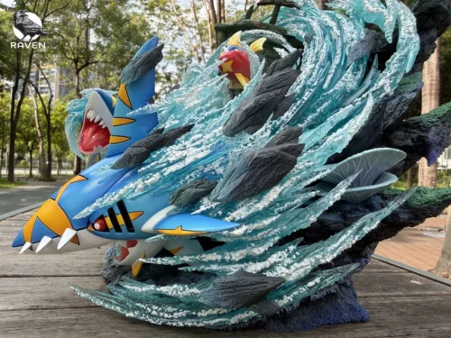 "Dynamic Sharpedo Evolution Group LED resin statue. Close-up details of the fierce aquatic diorama and vibrant LED effects from multiple angles."