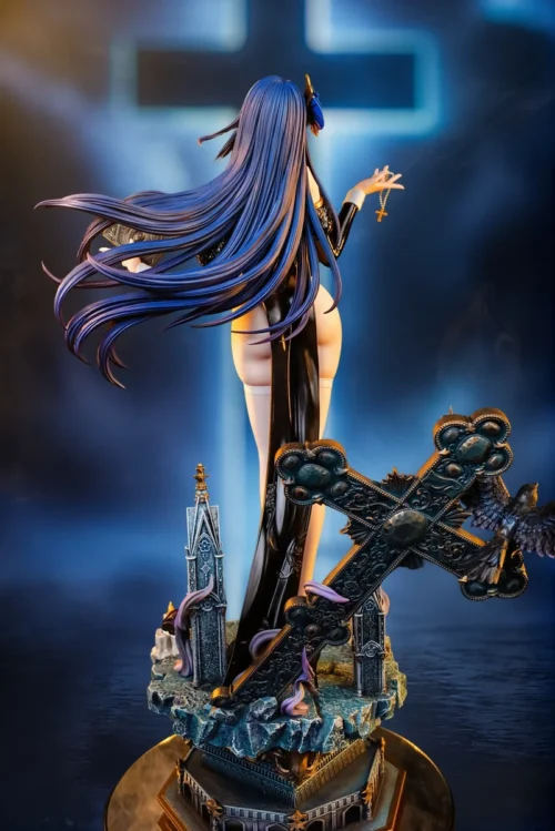 "Limited edition 1/4 Raiden Shogun Elegy of Eternal Night Genshin Impact resin statue by Roulong Studio, revealing exquisite gothic details."