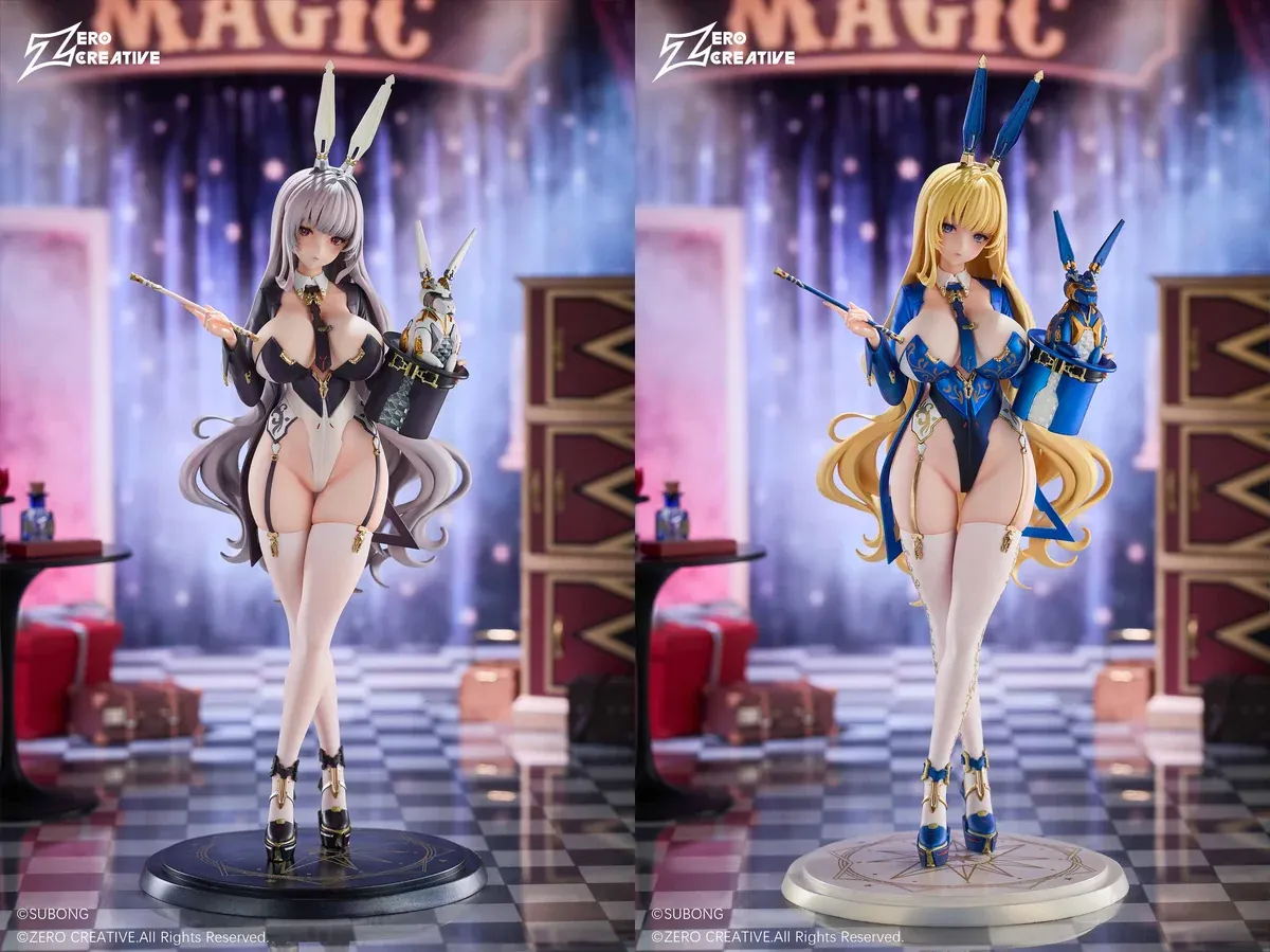1/6 licensed Elise bunny magician figure by Zero Creative Studio on a magic-show stage, with bunny ears, wand, top hat, and bonus swap parts.