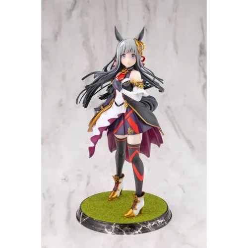 Kotobukiya 1/7 Chrono Genesis figure from Uma Musume Pretty Derby, silver-haired horse girl in black, white and crimson racing silks on grass base.