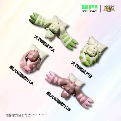 "Cute chibi Terriermon and Lopmon sleeping figures, a Digimon mini-statue from a captivating angle, revealing their serene poses and adorable."
