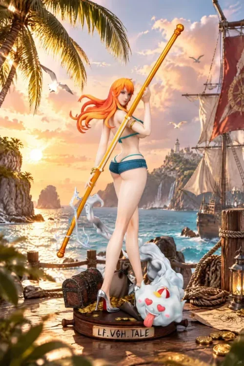 1/6 Nami One Piece figure by Restart Studio includes swappable outfits and dual heads, standing on a treasure-laden sunset dock base amid pearl smoke.