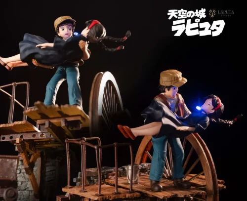 "Premium Laputa Sheeta Pazu Ghibli Music Box Figure, featuring steampunk base, illuminated characters, hand-cranked LED lights, sound."