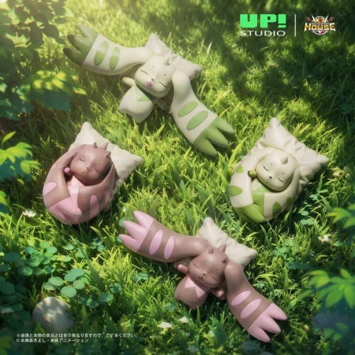 "Adorable chibi Terriermon and Lopmon Digimon sleeping figures, showcasing their peaceful, cute napping poses. Perfect mini-figures."