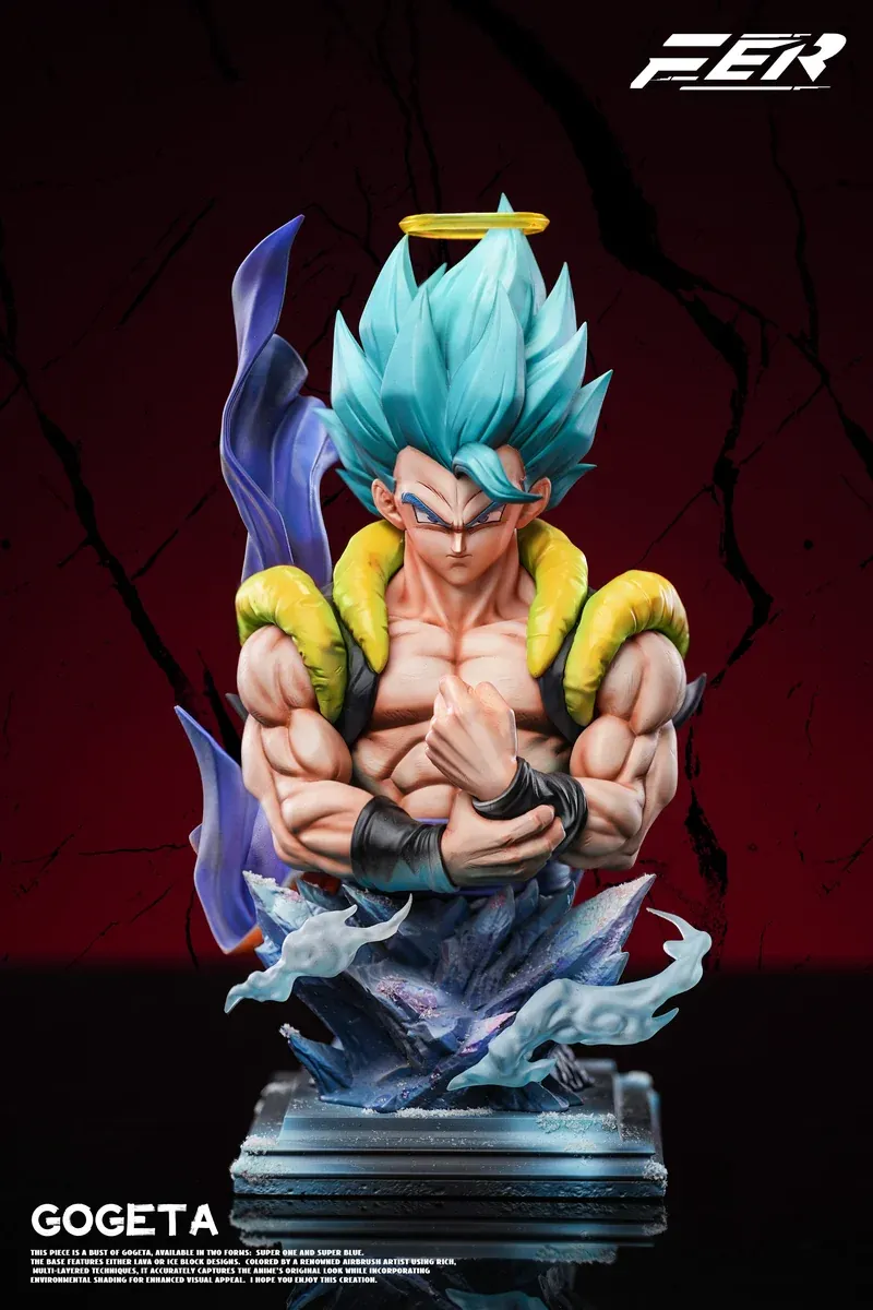 Premium limited Super Saiyan Blue Dragon Ball Gogeta bust statue with halo, crossed arms, and icy aura on detailed base.