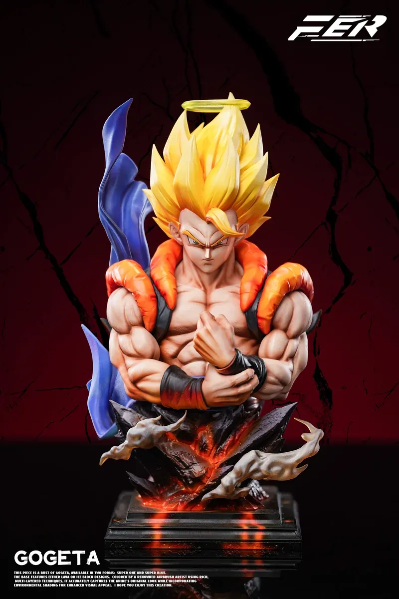 Limited dual-form Dragon Ball Gogeta bust statue by FXW FER Studio, Super Saiyan hair, halo, crossed arms, fiery icy aura.