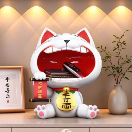 Turbo Granny figure by ST Studio for Dandadan, a grinning white lucky cat resin statue limited to 168 pieces, holding a fortune scroll and gold coin.