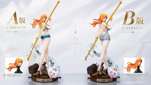 This premium One Piece 1/6 Nami figure statue by Restart Studio features two swappable outfits, dual heads, orange hair, and a golden treasure base.