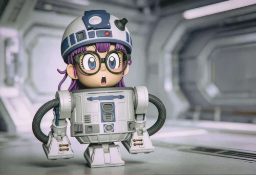Chibi Robot Arale figure by TOR Studio for Dr. Slump, piloting a white retro robot with playful sci-fi details in a futuristic corridor.