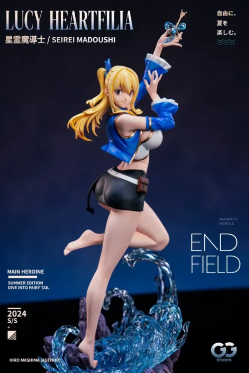 This side view of the 1/6 Lucy Heartfilia Fairy Tail statue by GuGu Studio highlights hand-painted detail and dynamic water effects.