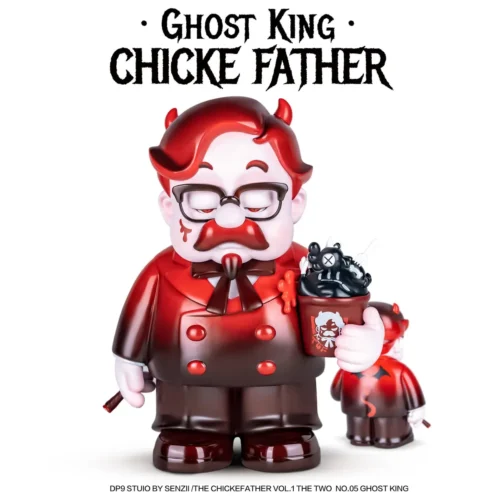 Ghost King Chicken Father original statue features a glossy crimson demonic fast-food mascot with a hellish chicken bucket, limited to 99 worldwide.