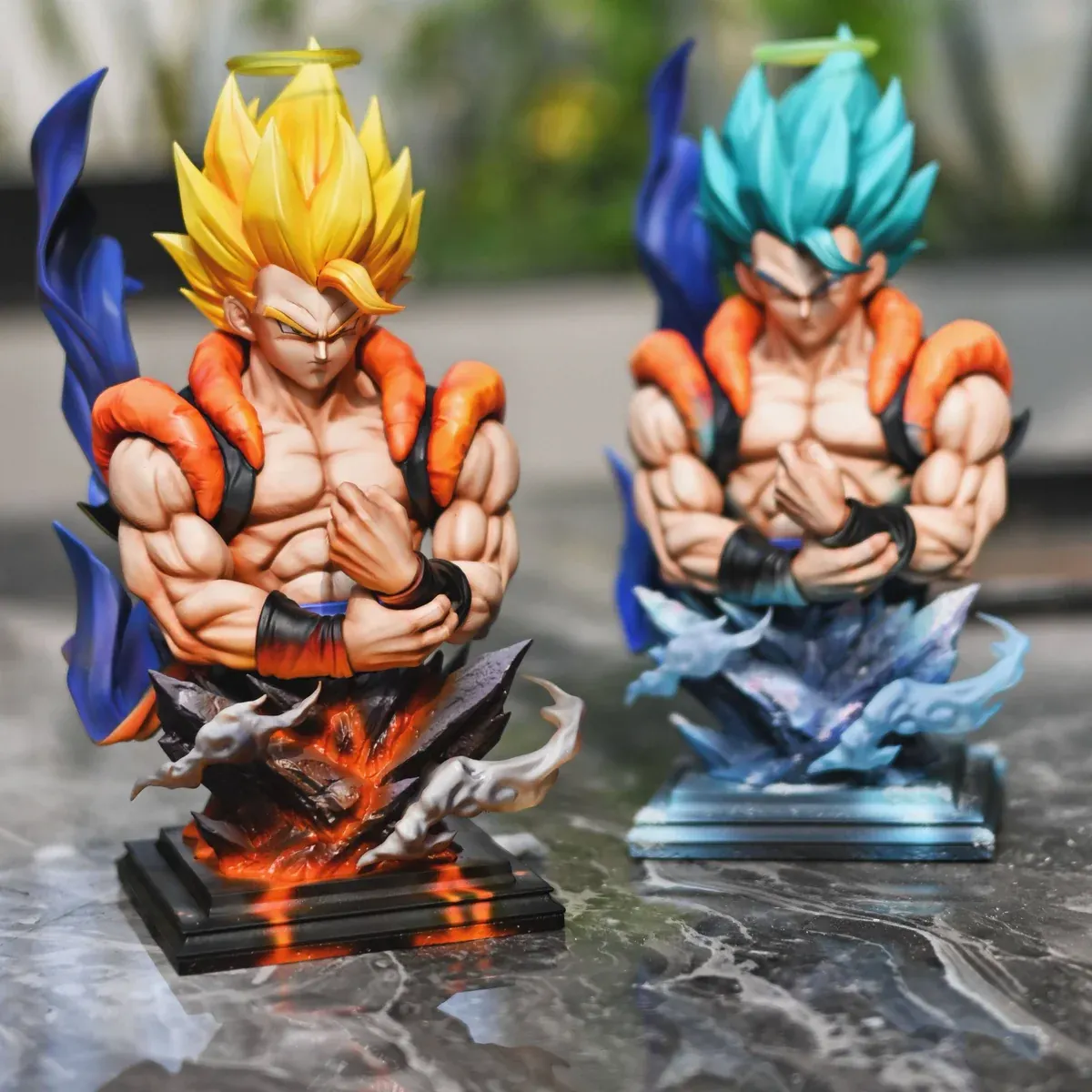 1/5 scale limited FXW FER Studio Dragon Ball Gogeta bust showcases dual Super Saiyan forms with fiery and icy auras, halos, and crossed arms.