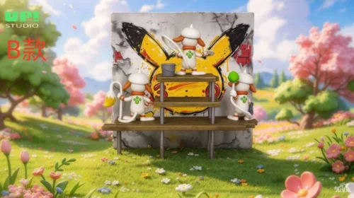 Playful 1/20 Pokemon Smeargle figure diorama by UP Studio, showing Smeargle painting a Pikachu graffiti mural on a scaffold.