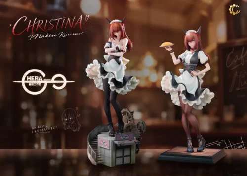 Limited 99 1/6 Makise Kurisu maid resin figure by HeRa Studio, shown in two poses on a steampunk MayQueen cafe base with gears.
