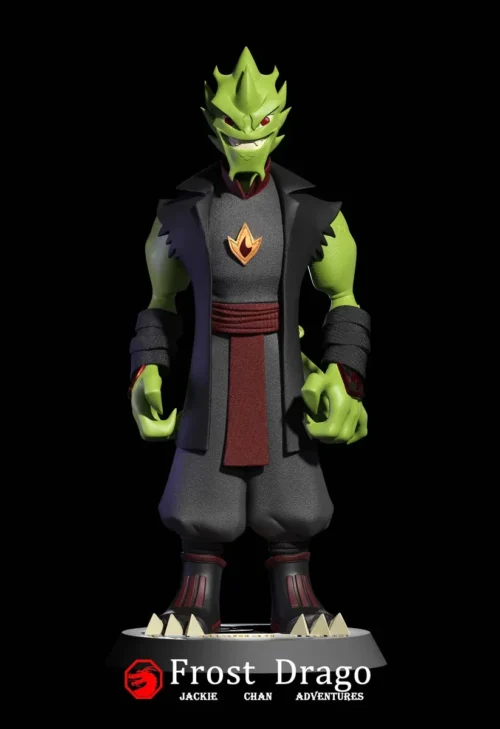 Neon-green Drago figure in charcoal robes on an onyx base, a worldwide 45-piece Jackie Chan Adventures anniversary statue by Shengzhu Studio.