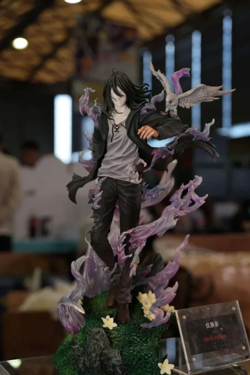 Eren Attack on Titan statue dissolves into ethereal violet smoke above mossy rock, white blossoms, and a soaring bird in this premium 1/6 collectible.