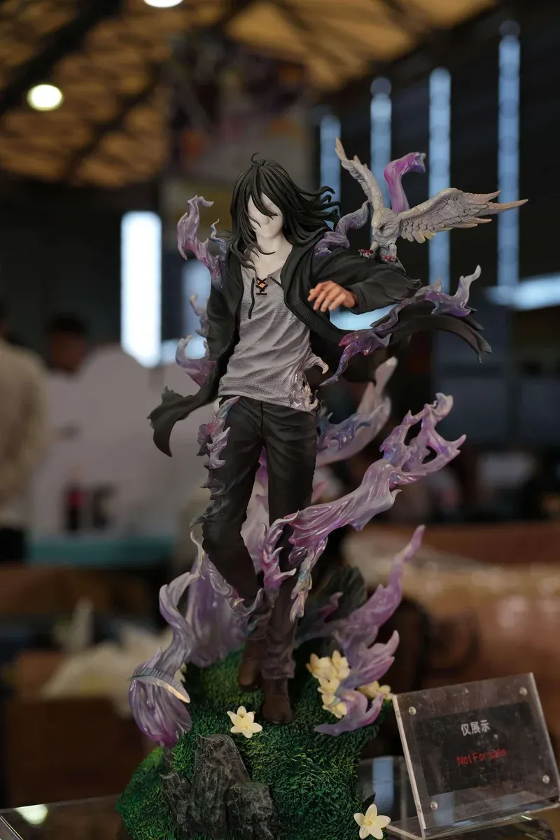 Eren Attack on Titan statue dissolves into ethereal violet smoke above mossy rock, white blossoms, and a soaring bird in this premium 1/6 collectible.