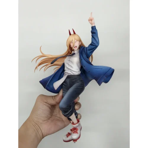 1/6 Power Chainsaw Man statue by QuietArt Studio shows the blonde horned Blood Fiend in a dramatic jumping pose, held in hand.