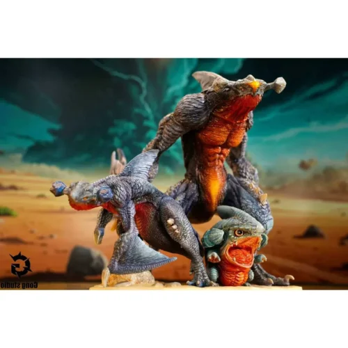 "Multiple dynamic angles of the exclusive custom Garchomp resin statue by Gongzuo Studio, showcasing its aggressive battle-ready pose."