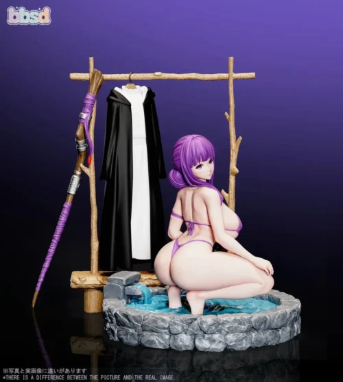 Purple-haired Fern 1/6 figure kneels in a stone onsen with staff and robe in this limited 50-piece BBSD Studio resin diorama.