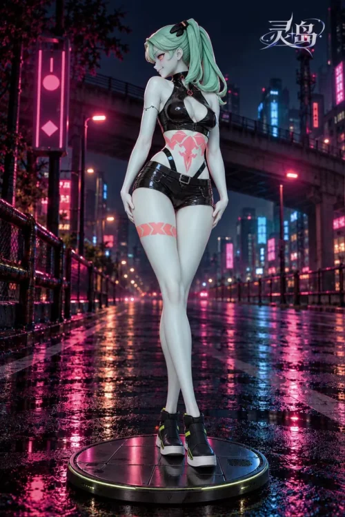 "Detailed gallery views of the exclusive 1/6 Rebecca Edgerunners figure, highlighting dynamic pose, intricate sculpting, and futuristic neon base."